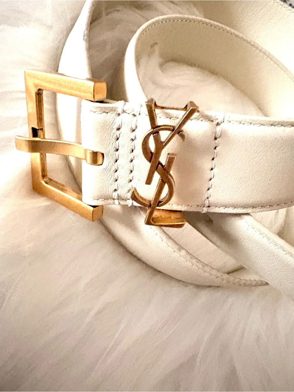 Saint Laurent White Leather Belt with Gold YSL Logo Buckle